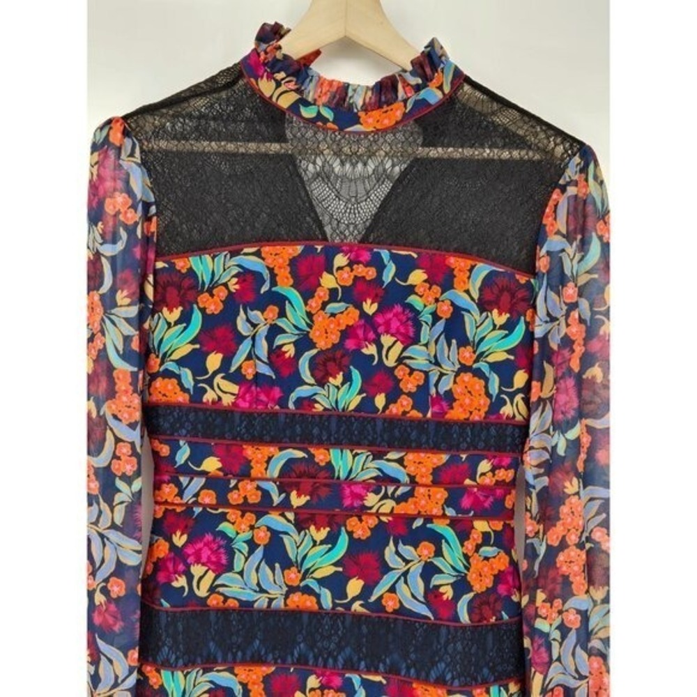 Saloni Dina Tropical Lace Panel‎ Silk Ruffle Floral Mini Dress Size 6 - Picture 7 of 12